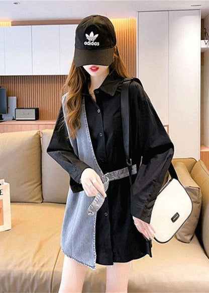 Diy Black Peter Pan Collar Denim Patchwork Cotton Fake Two Piece Shirts Fall