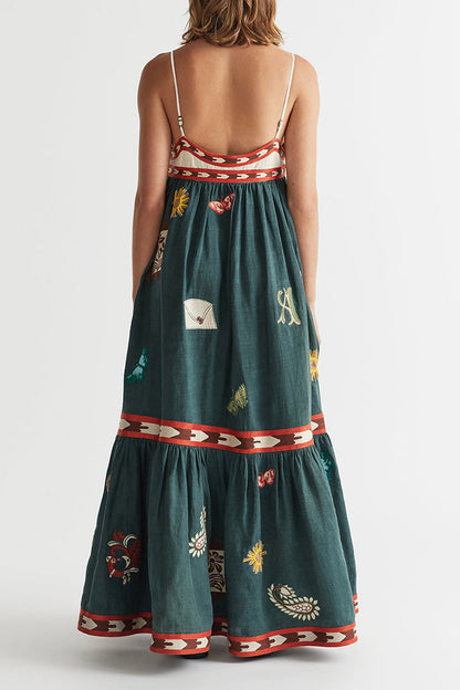 Vacation Graffiti Print Patchwork Square Neck Sling Dresses