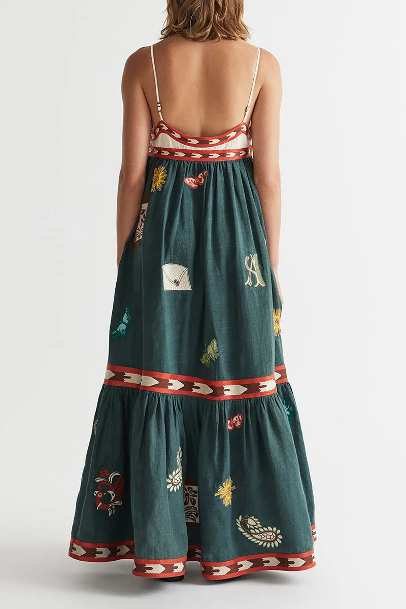 Vacation Graffiti Print Patchwork Square Neck Sling Dresses