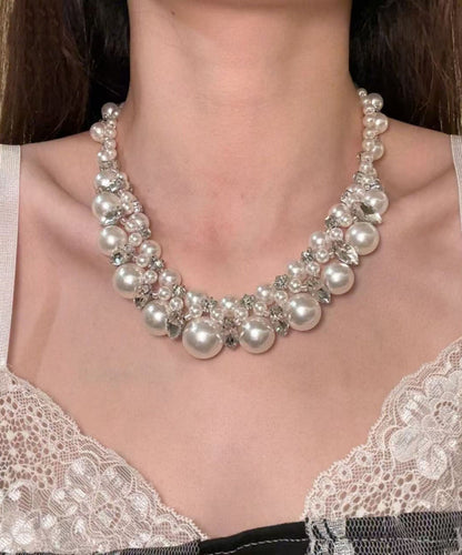 White Alloy Zircon Pearl Beading Collar Necklace