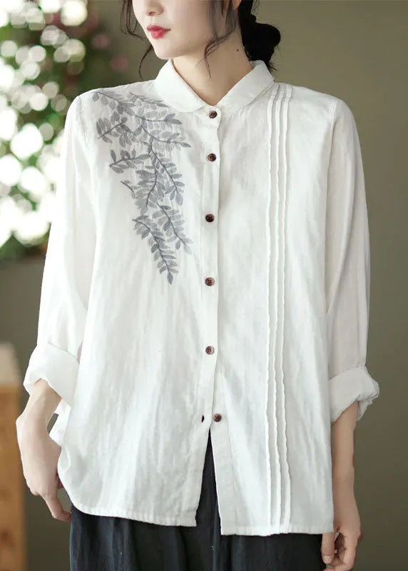 White Peter Pan Collar Embroidered Cotton Blouse Top Spring