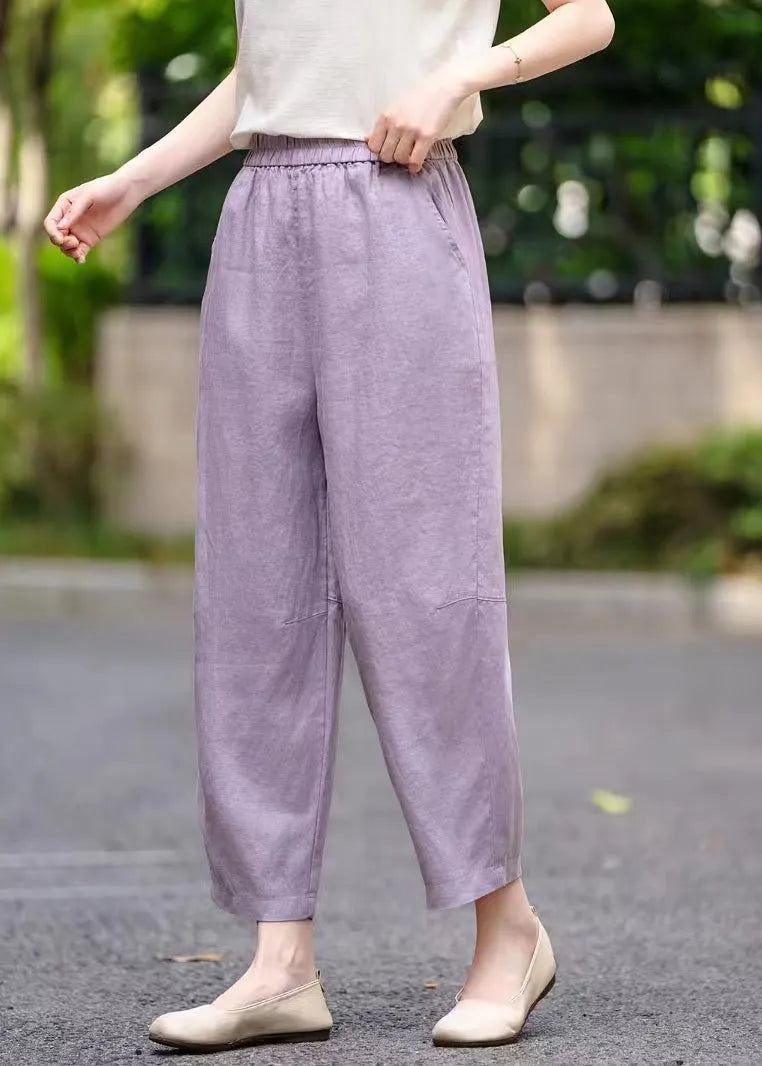 Purple Pockets Elastic Waist Linen Crop Pants Summer