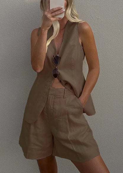 New White Vest and Shorts Cotton Two Pieces Set Summer