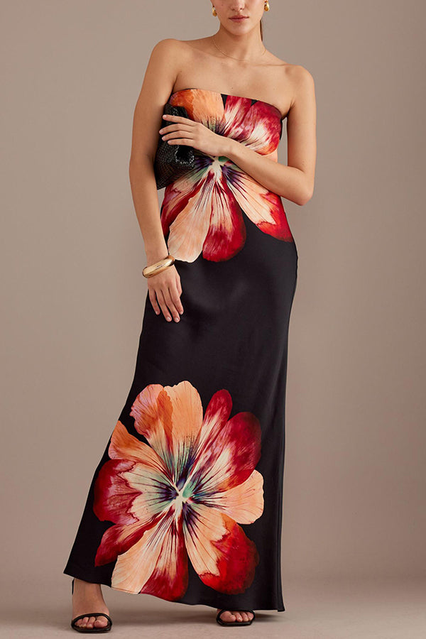 Charming Lady Satin Print Bandeau Loose Maxi Dress