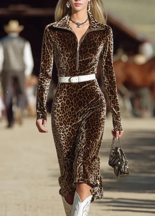 Zipper V-neck Leopard Pattern Slimming Long Dress Fall