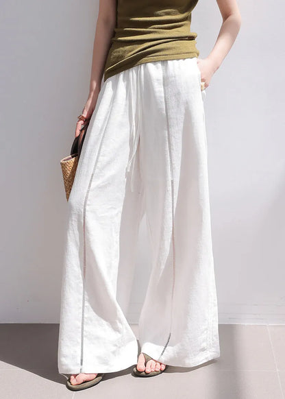 Fine White Hollow Out Drawstring Linen Wide Leg Pants Summer