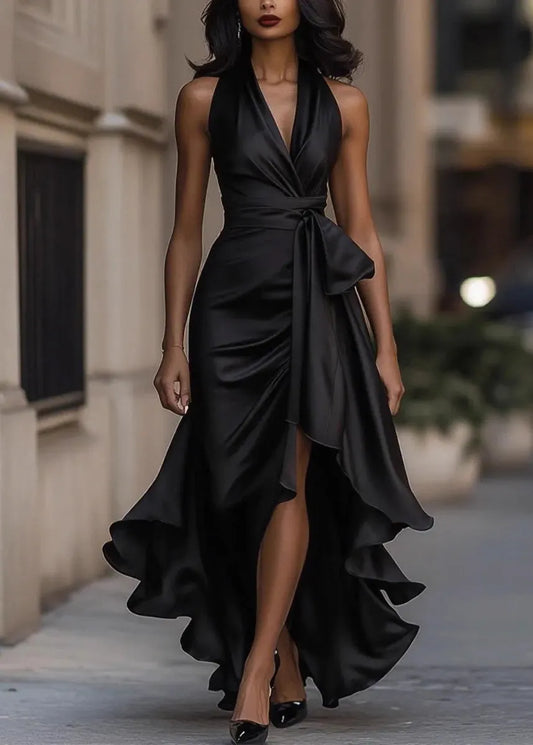 Classy Black V Neck Ruffled Lace Up Silk Dress Summer