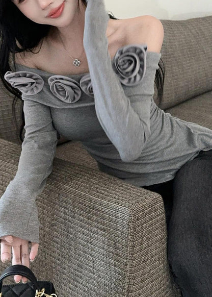 Grey Slash Neck Cold Shoulder Wrinkled Tops Long Sleeve