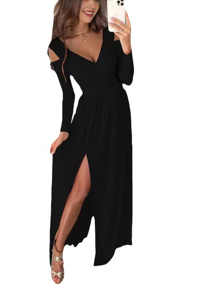 New Red V Neck Cold Shoulder Side Open Dress Fall