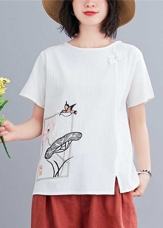 Fitted White Embroidered Lotus Blouse Tops Summer Cotton Linen