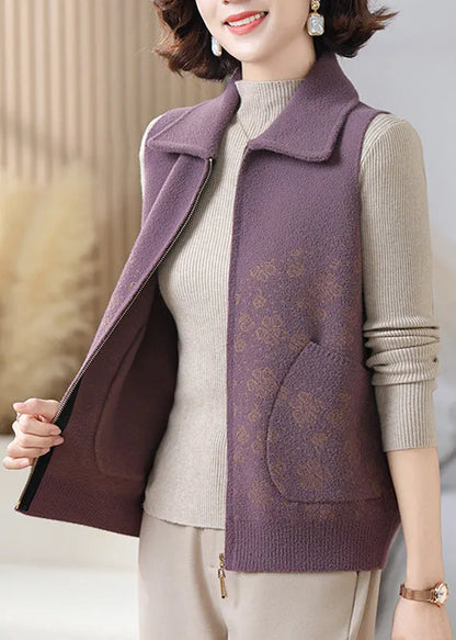 Purple Pockets Patchwork Knit Waistcoat Sleeveless