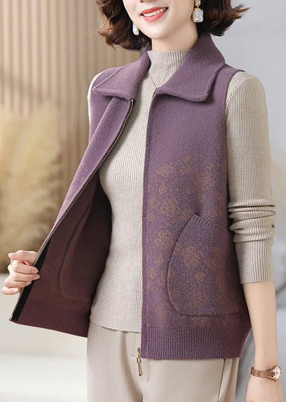 Purple Pockets Patchwork Knit Waistcoat Sleeveless