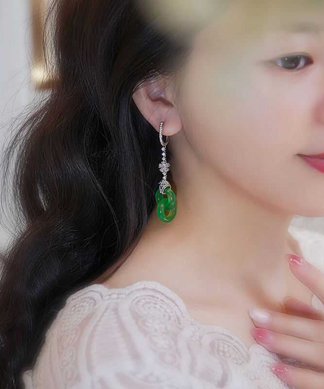 Green Sterling Silver Zircon Jade Ping Buckle Tassel Drop Earrings