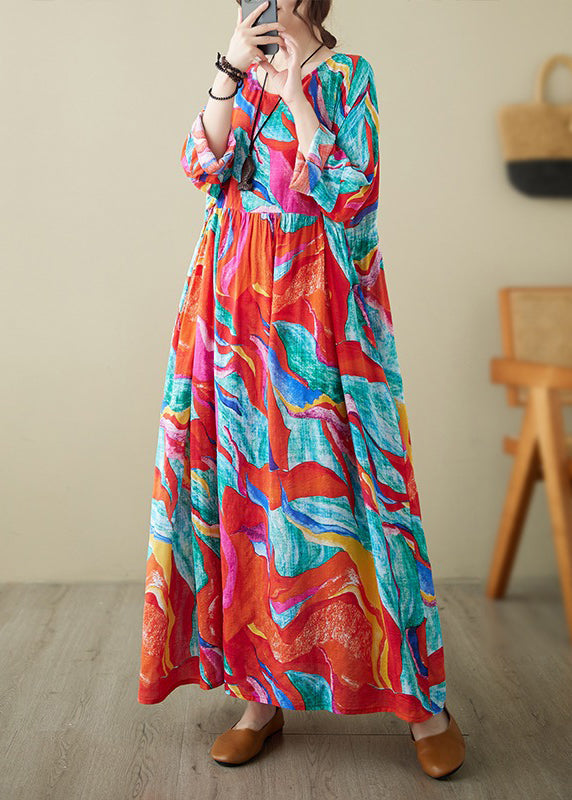 Holiday Style Red O-neck Print Loose Cotton Long Dress Summer