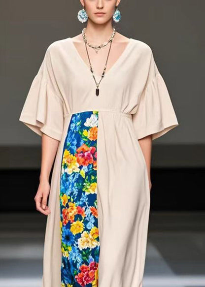 Apricot V Neck Patchwork Chiffon Robe Dresses Summer