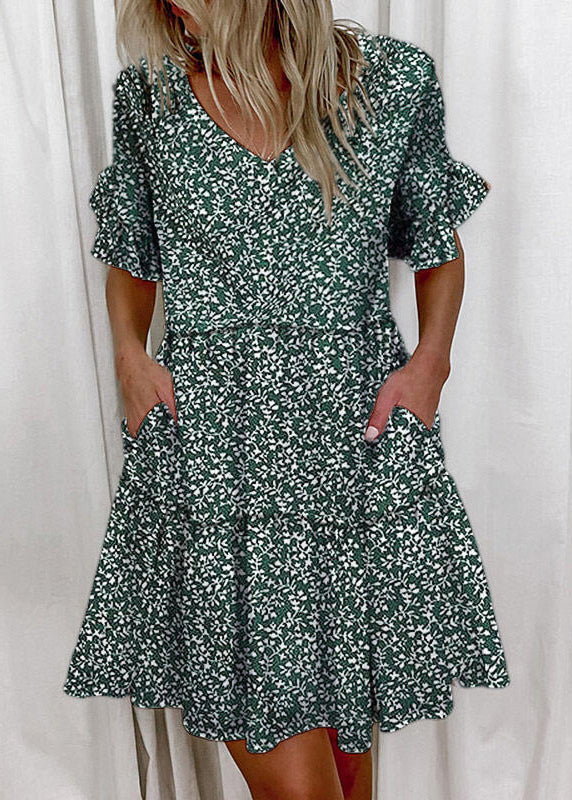 New V Neck Ruffled Butterfly Print Cotton Dress Summer