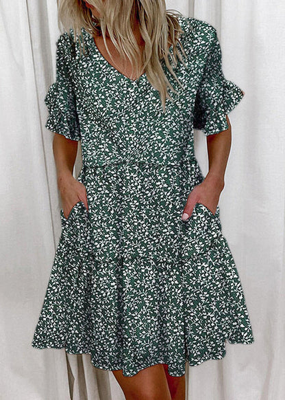 New V Neck Ruffled Butterfly Print Cotton Dress Summer