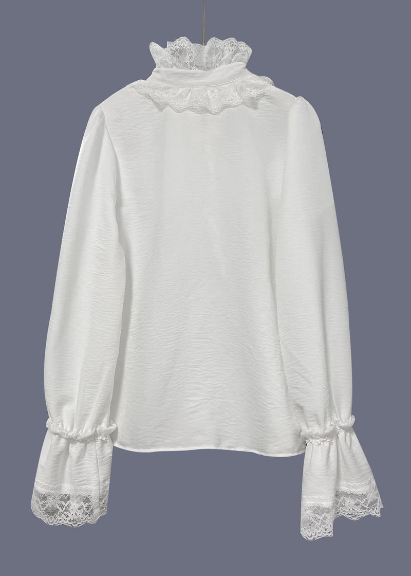 White V Neck Lace Patchwork Cotton Shirts Spring