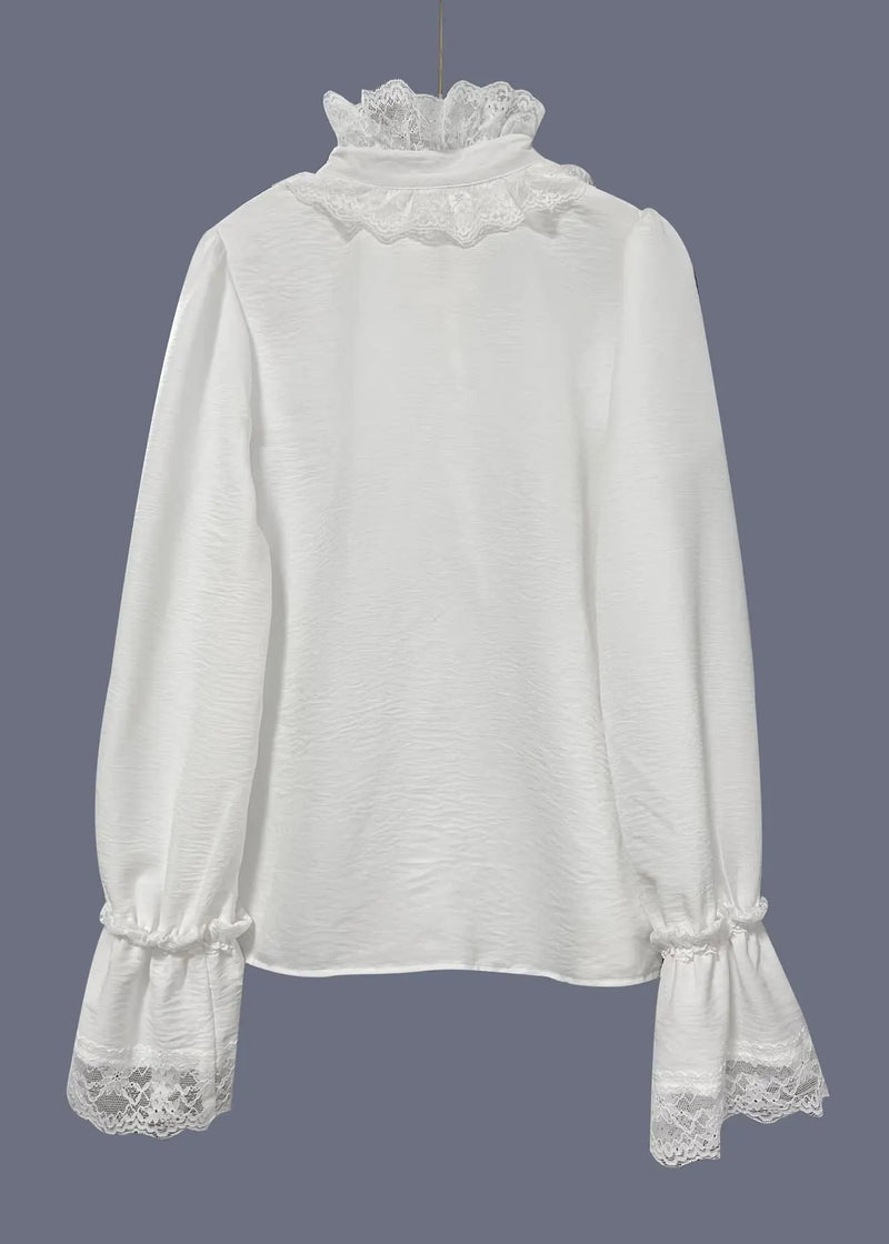 White V Neck Lace Patchwork Cotton Shirts Spring