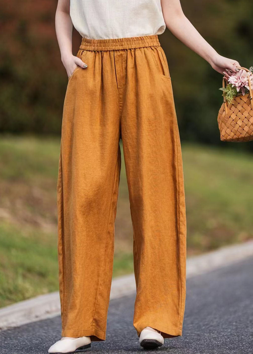 Caramel Oversized Pockets Linen Pants Summer
