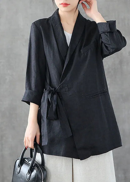 Black Asymmetrical Design Pockets Linen Coats Long Sleeve