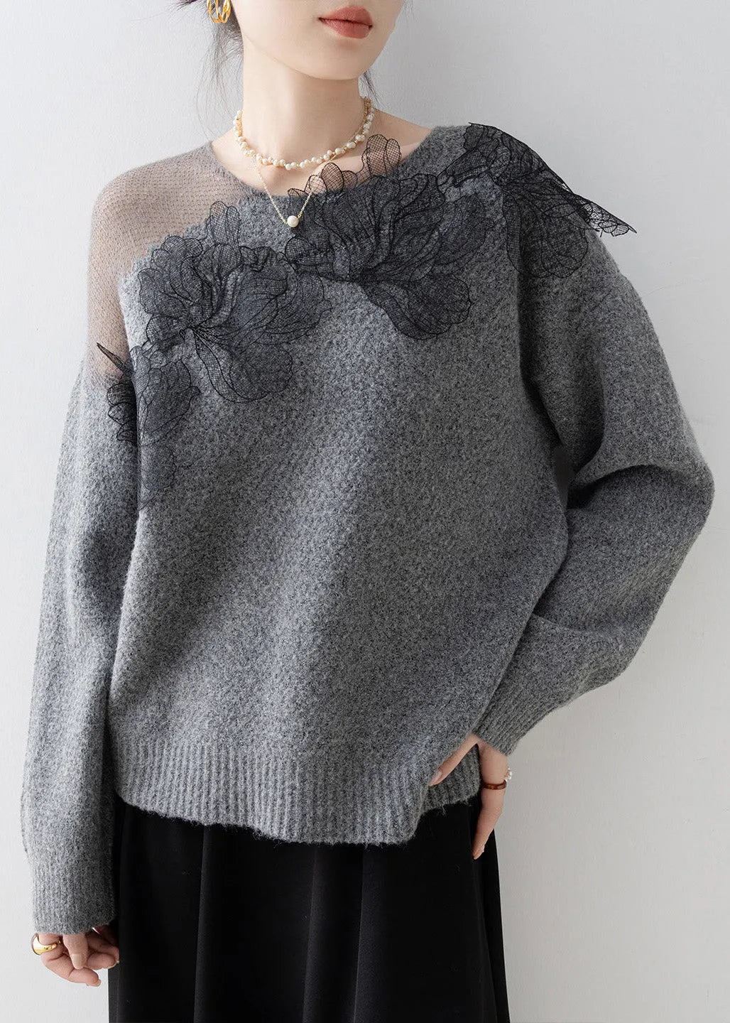 Original Design Grey O-neck Knit Sweaters Spring