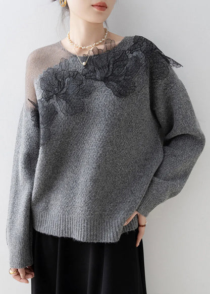 Original Design Grey O-neck Knit Sweaters Spring