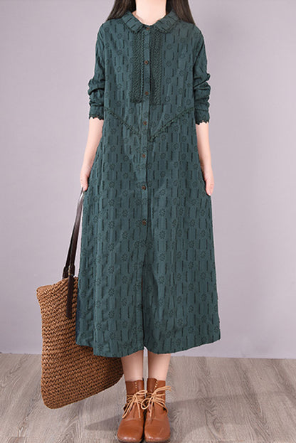 -loose Embroidery Lace Dress Cotton and Linen Long Sleeve Dress