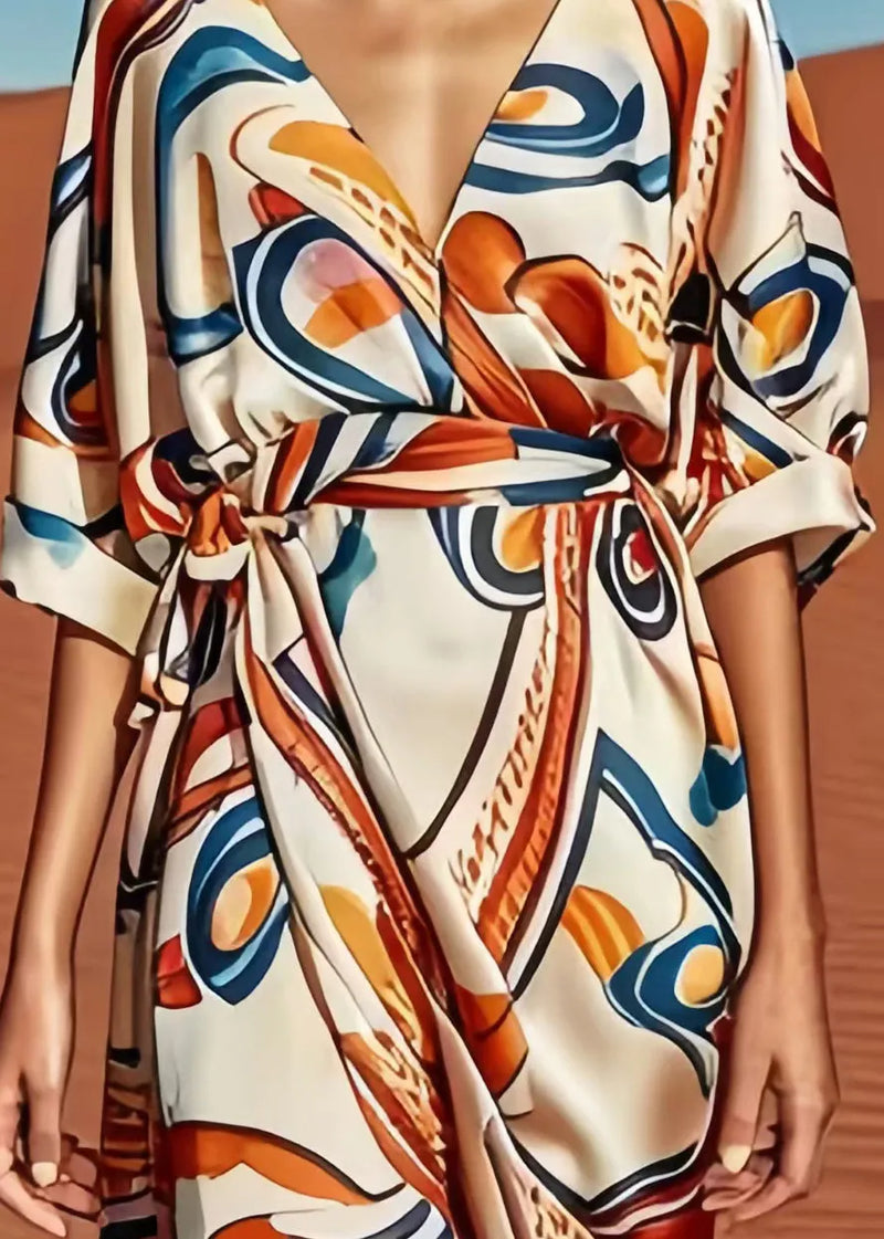 Apricot Print Low High Design Silk Dress Summer