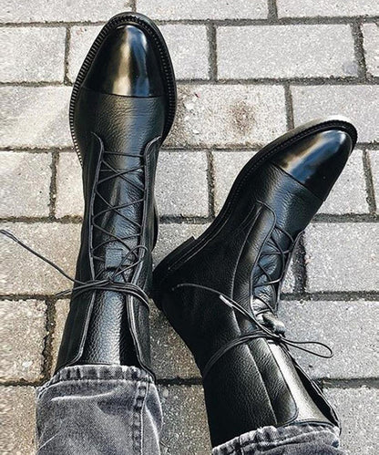 Black Faux Leather Cross Strap Splicing Boots
