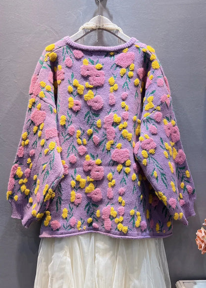Purple Button Knit Coats Long Sleeve
