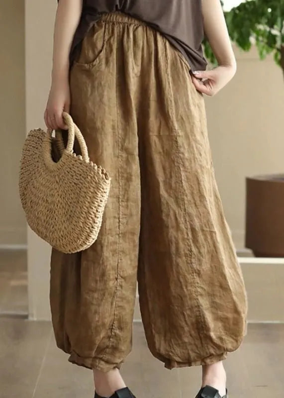 Purple Pockets Elastic Waist Linen Lantern Pants Summer