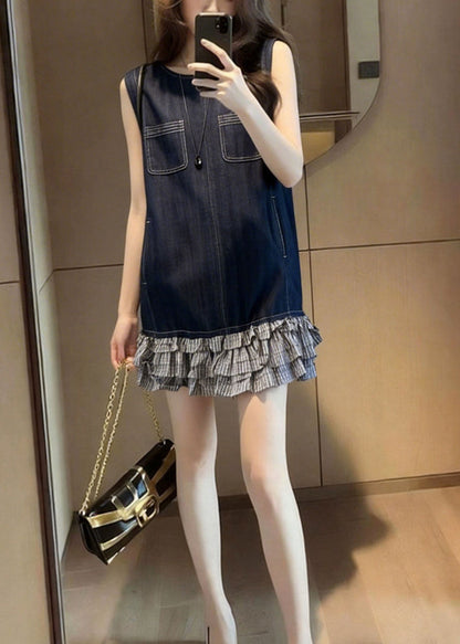 Navy Patchwork Denim Tea Dress Sleeveless