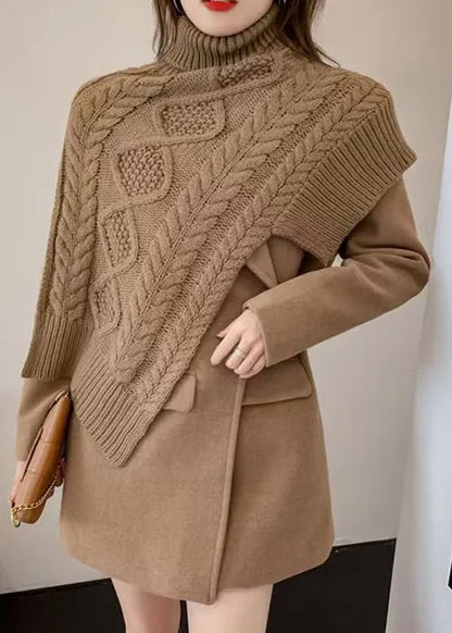 Loose Khaki Asymmetrical Knit Cape Tops and Coat Woolen Two-piece Set Spring
