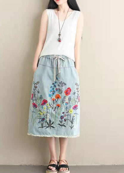 Light Blue Embroidered Pockets A-line Summer Denim Skirts