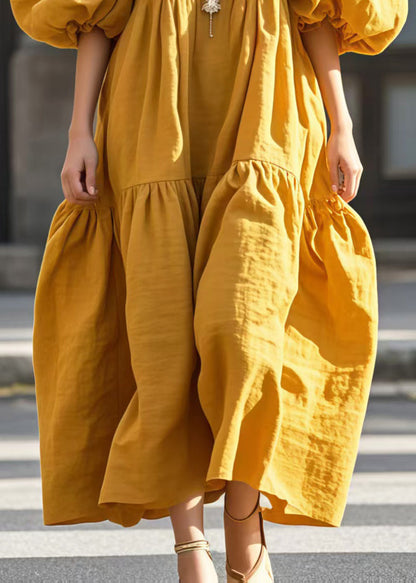 Yellow Puff Sleeve Oversized Cotton Vestidos Dress
