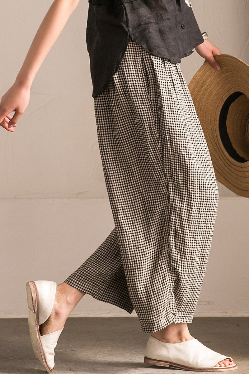 Black White Grid Wide-legged Pants Linen Trousers