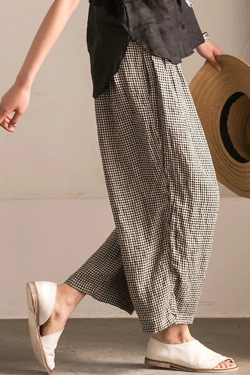 Black White Grid Wide-legged Pants Linen Trousers