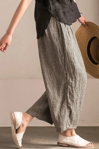 Black White Grid Wide-legged Pants Linen Trousers
