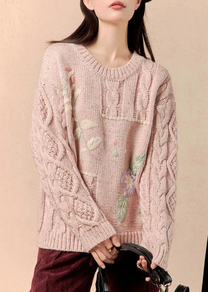 Pink Embroidered Loose Knit Sweater O-neck Spring