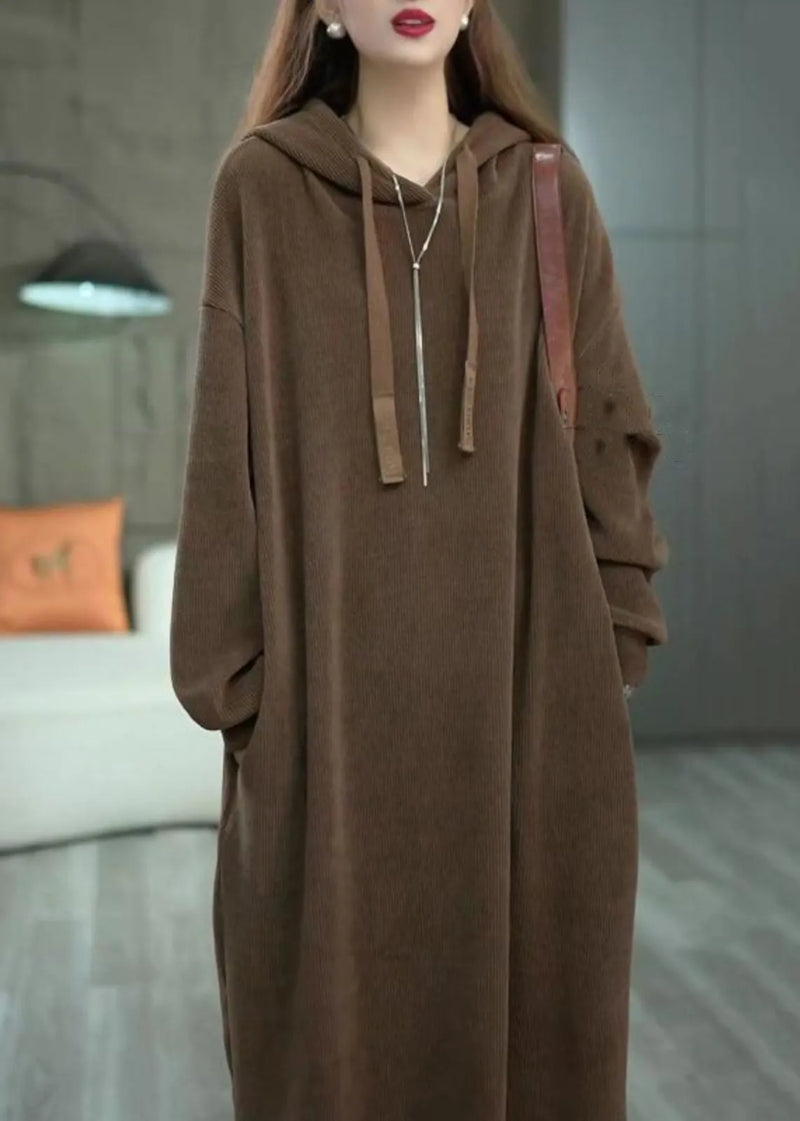 Loose Coffee Hooded Pockets Long Dress Winter