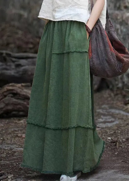 Green Pockets Raw Edge Patchwork Linen Skirt Spring