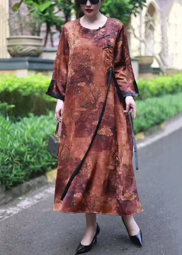 Loose Brown Print Lace Up Silk Long Dresses Spring