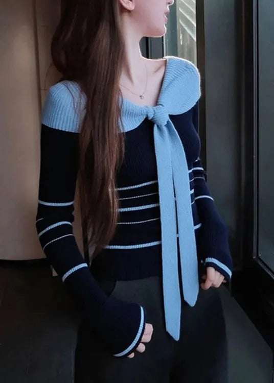 Blue Striped Bow Patchwork Knit Sweater Fall