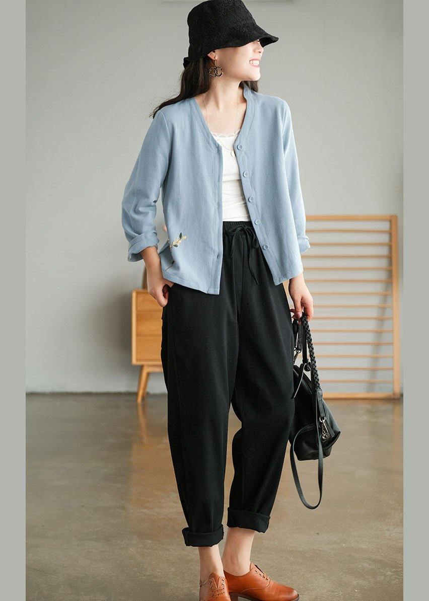 Blue Loose V Neck Button Fall Shirts Long Sleeve
