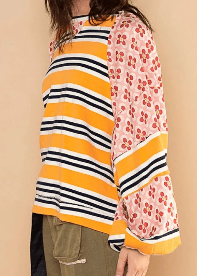Stylish Yellow O Neck Striped Print Patchwork Cotton Top Lantern Sleeve