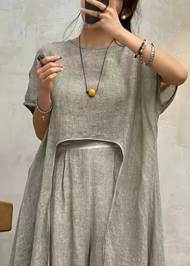 Art Grey Asymmetrical Patchwork Cotton Top Short Sleeve