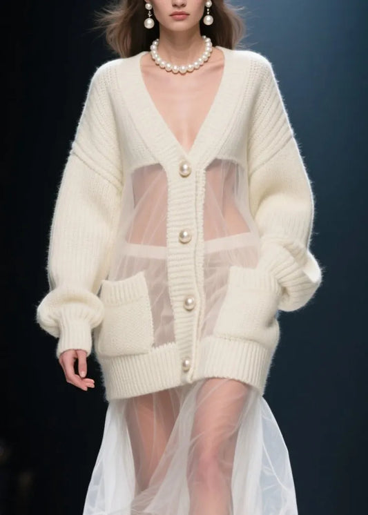 Beige V Neck Tulle Patchwork Knit Cardigans Fall