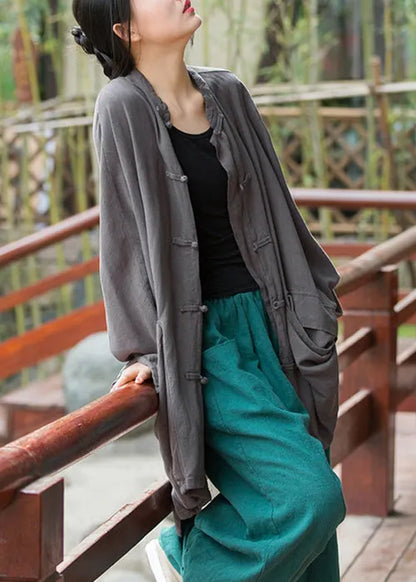 Grey Pockets Linen Coats Stand Collar Fall