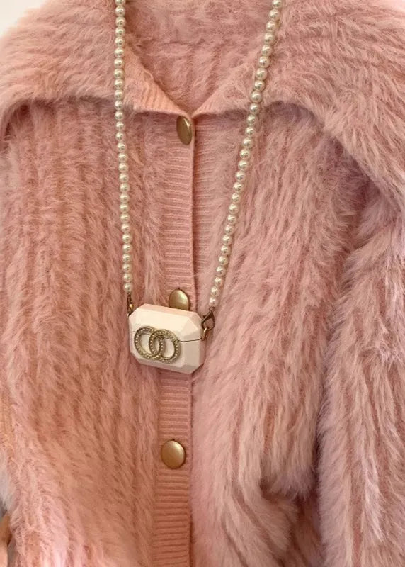 Pink Peter Pan Collar Button Mink Velve Sweater Tops Spring
